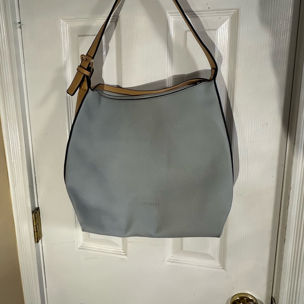Louenhide Vegan Leather Tan And blue Saddle Bag Tote - Picture 3 of 8